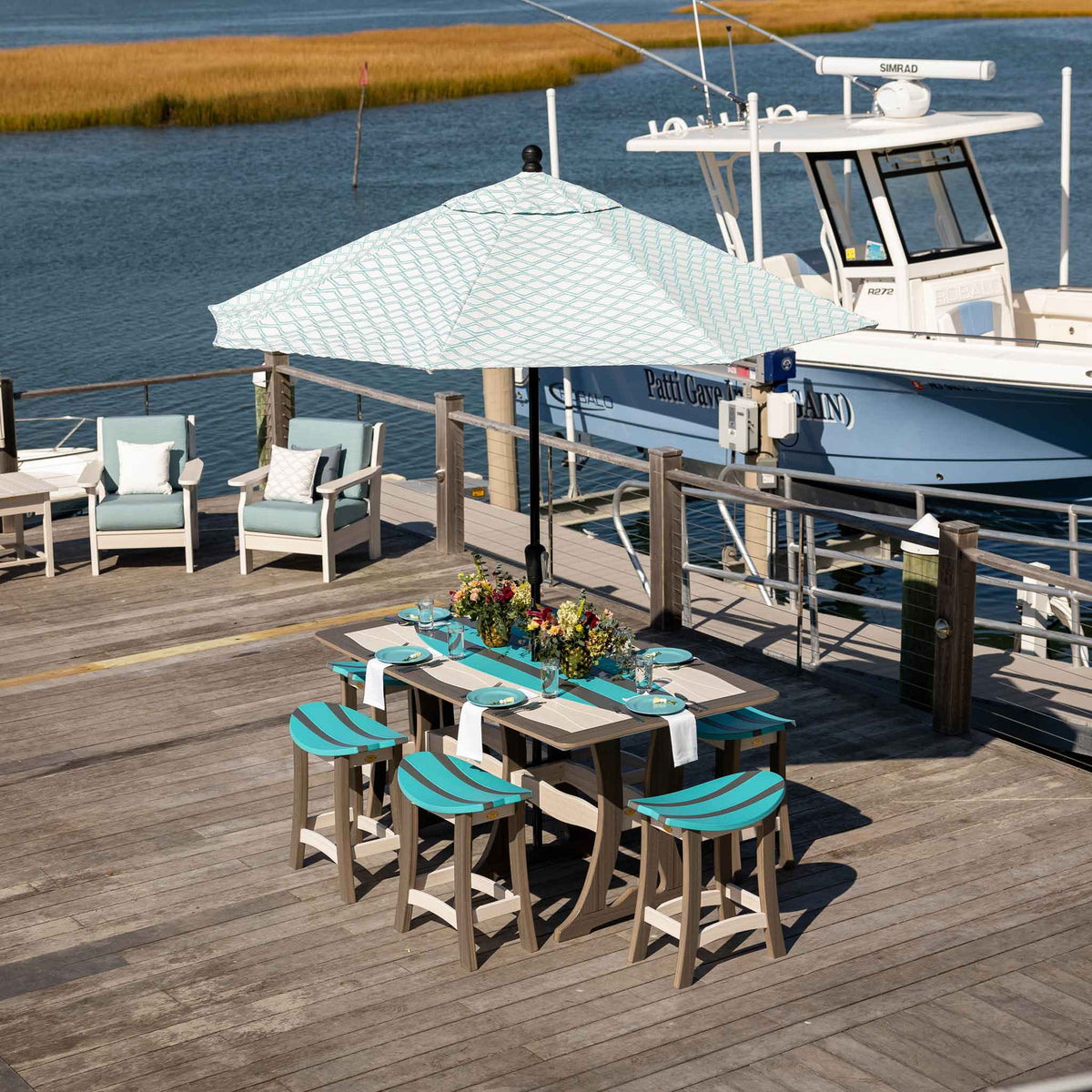 Amish Patio Counter Height Surfboard Poly Lumber Table with 6 Saddle Stools