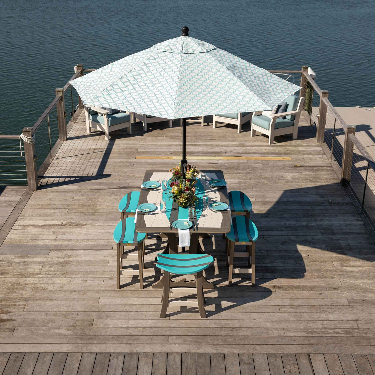 Amish Patio Counter Height Surfboard Poly Lumber Table with 6 Saddle Stools