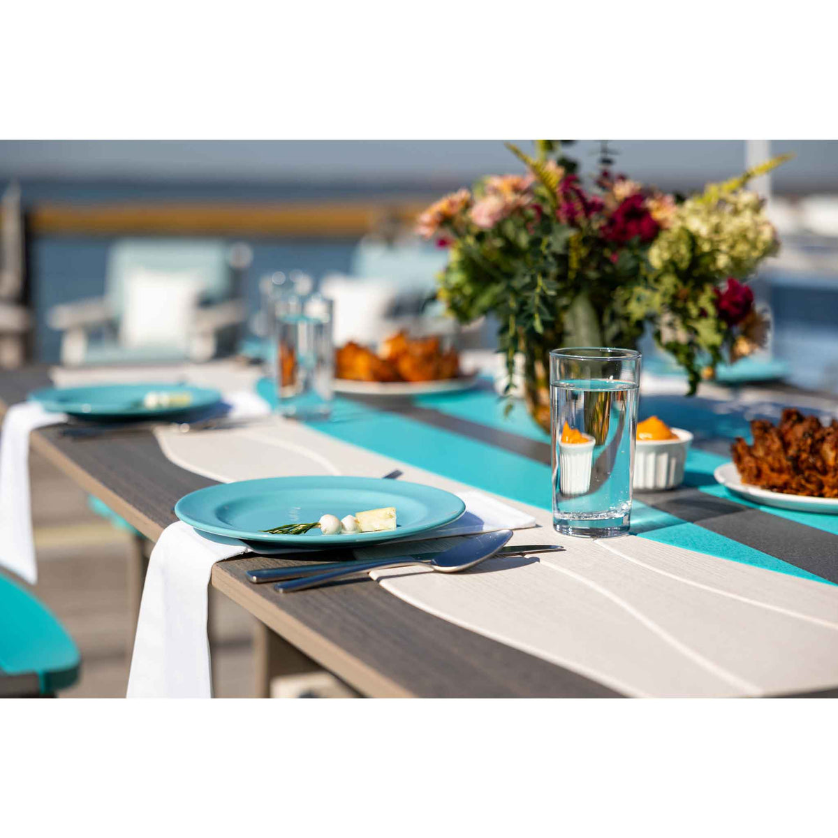 Amish Patio Counter Height Surfboard Poly Lumber Table with 6 Saddle Stools