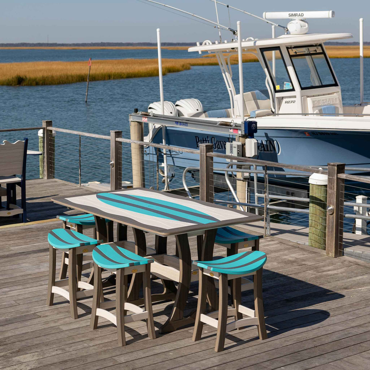 Amish Patio Counter Height Surfboard Poly Lumber Table with 6 Saddle Stools