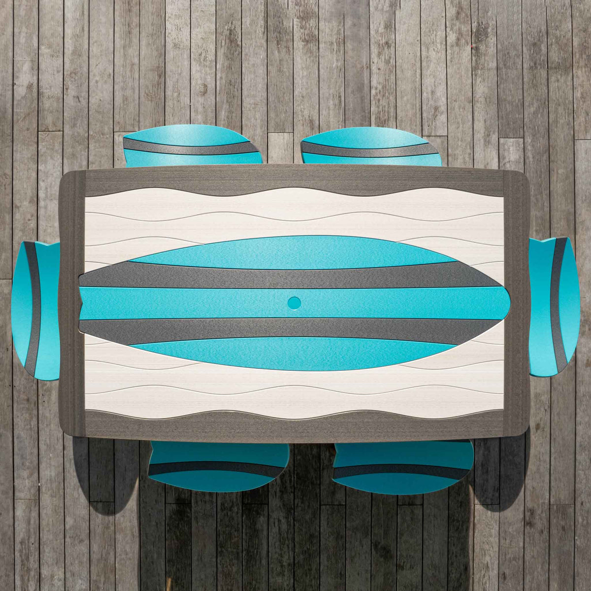 Amish Patio Counter Height Surfboard Poly Lumber Table with 6 Saddle Stools