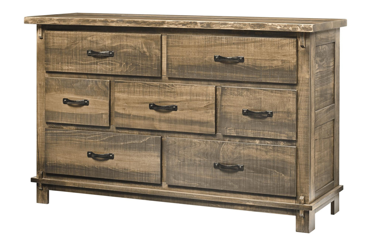 A rustic six-drawer wooden dresser with a weathered brown and gray finish, featuring dark metal drawer pulls and a distressed wood-look top, shown on a plain white background.