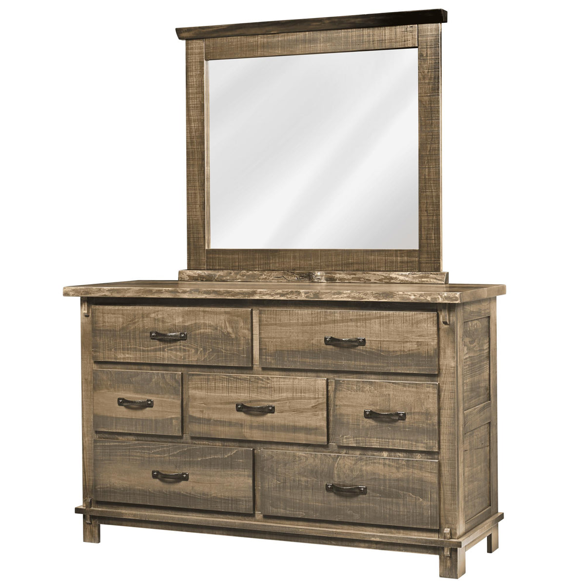 A rustic wood dresser with six drawers and a matching rectangular mirror, shown on a plain white background.