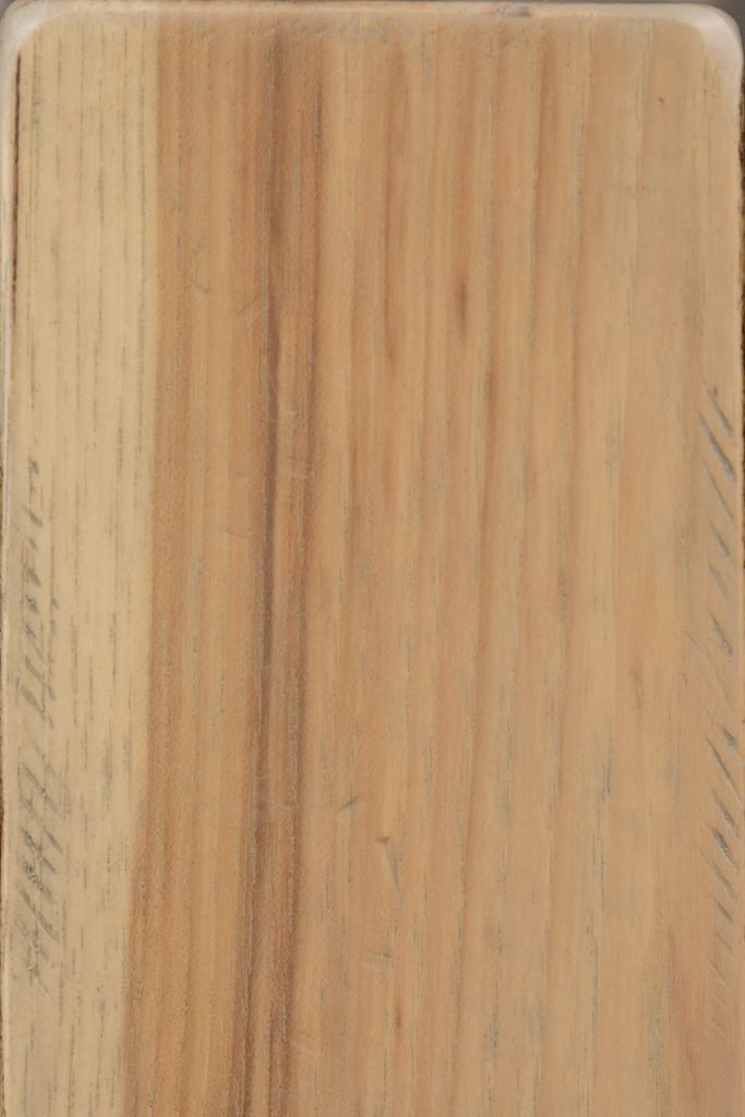 Seashell aged finish on rustic hickory, a pale blond board with subtle tan streaks, gray undertones and filed distress marks
