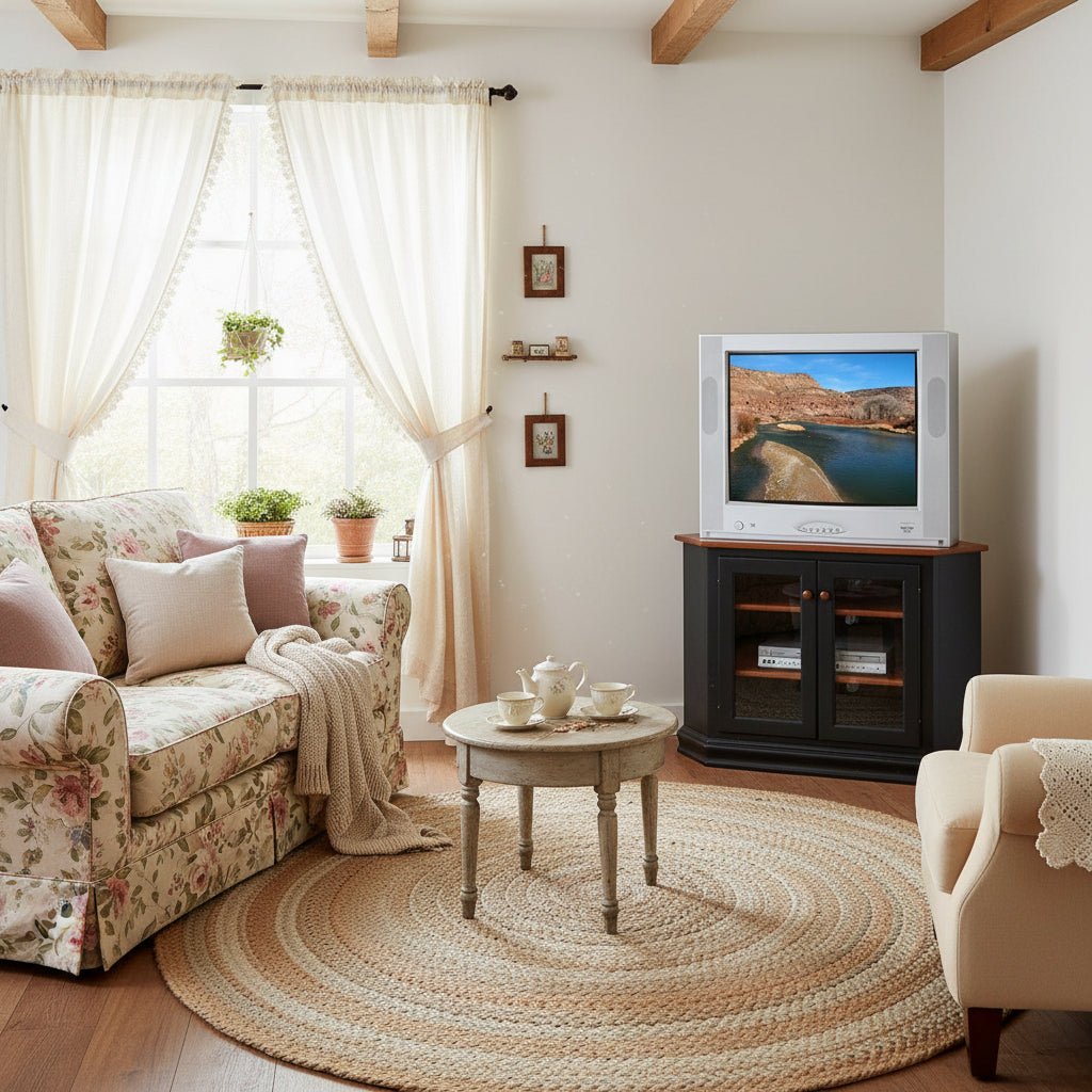Black corner TV stand with cherry top holding a television in a cottage living room with floral sofa and braided rug