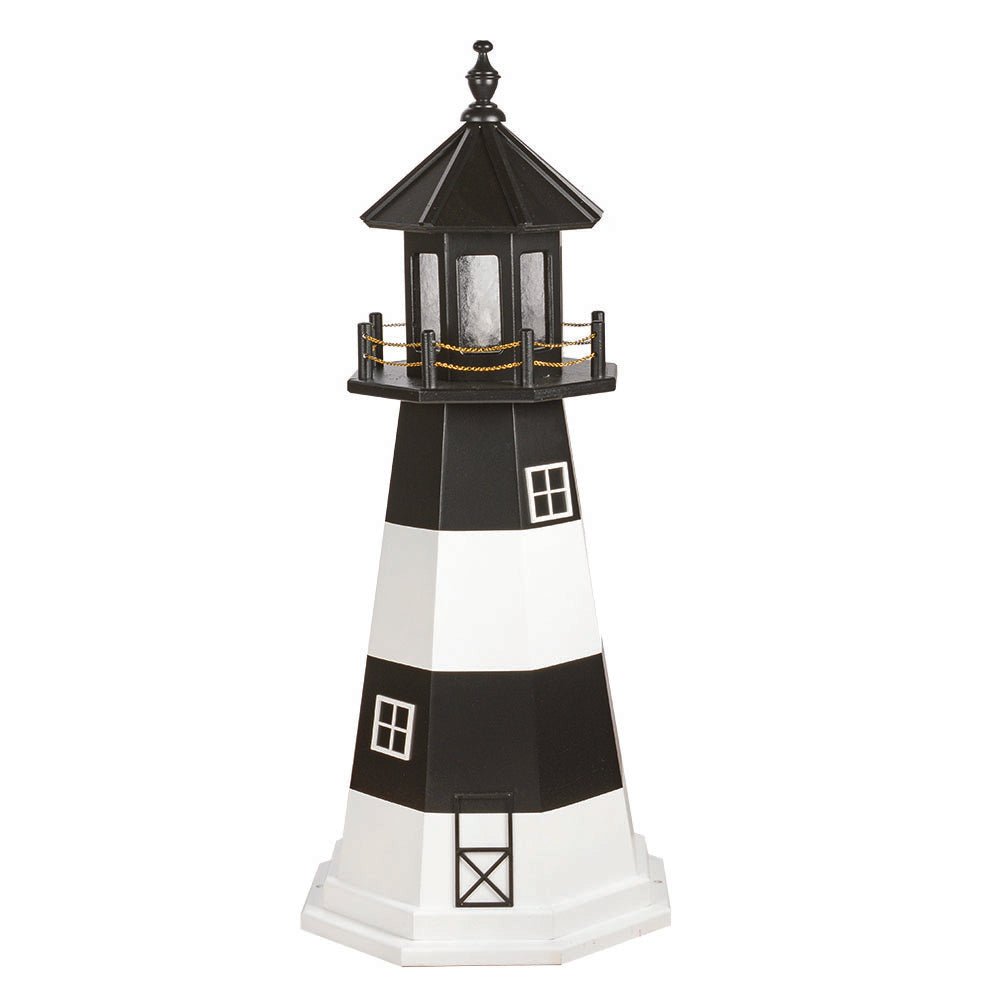 Black and white banded lighthouse with black lantern room, gold chain railing, black window frames and white base