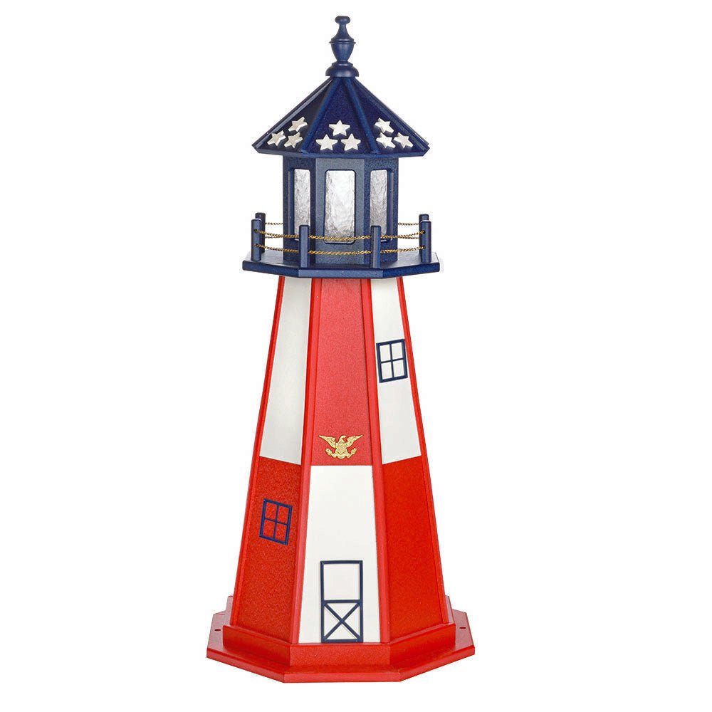 Patriotic red and white paneled lighthouse with gold eagle emblem and a navy lantern room with white star cutouts