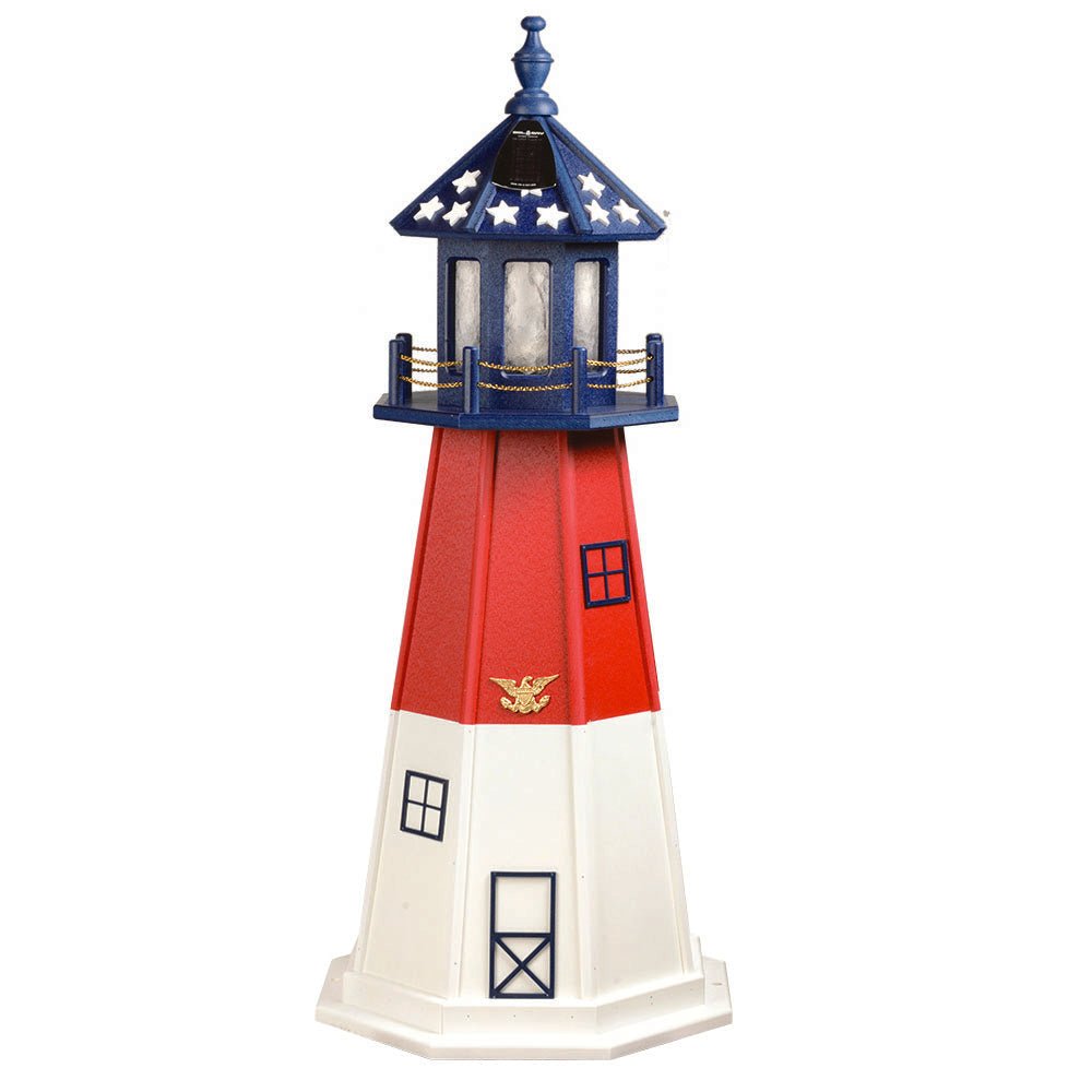Patriotic lighthouse with white base, red tower, gold eagle emblem and a navy lantern room with white star cutouts