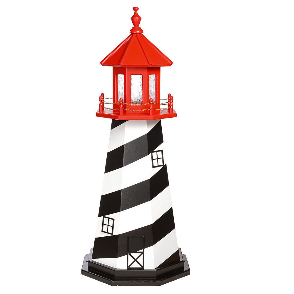 Black and white spiral striped lighthouse with a bright red lantern room and railing on a black octagonal base