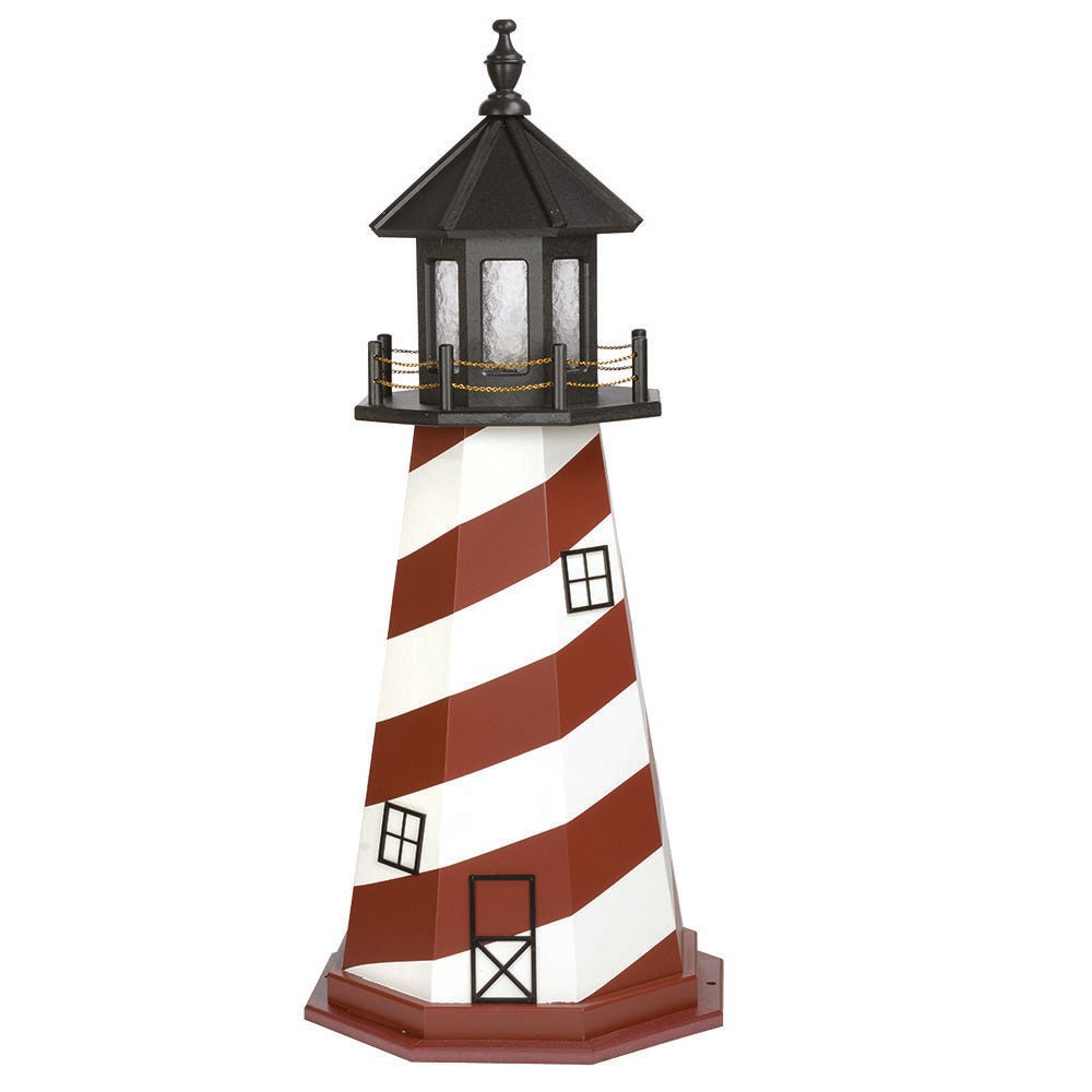 Cherry red and white spiral striped lighthouse with black lantern room, chain railing and a red hexagonal base