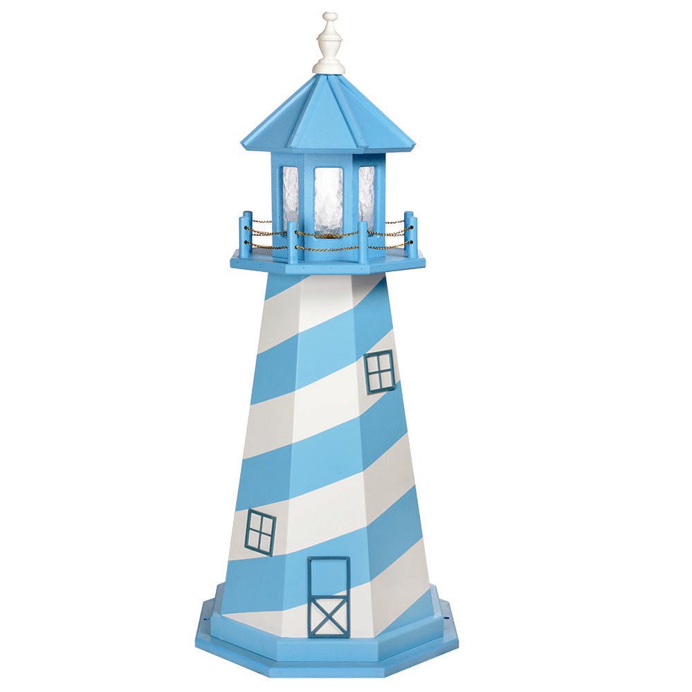 Powder blue and white spiral striped lighthouse with blue lantern room, white finial and gold chain railing