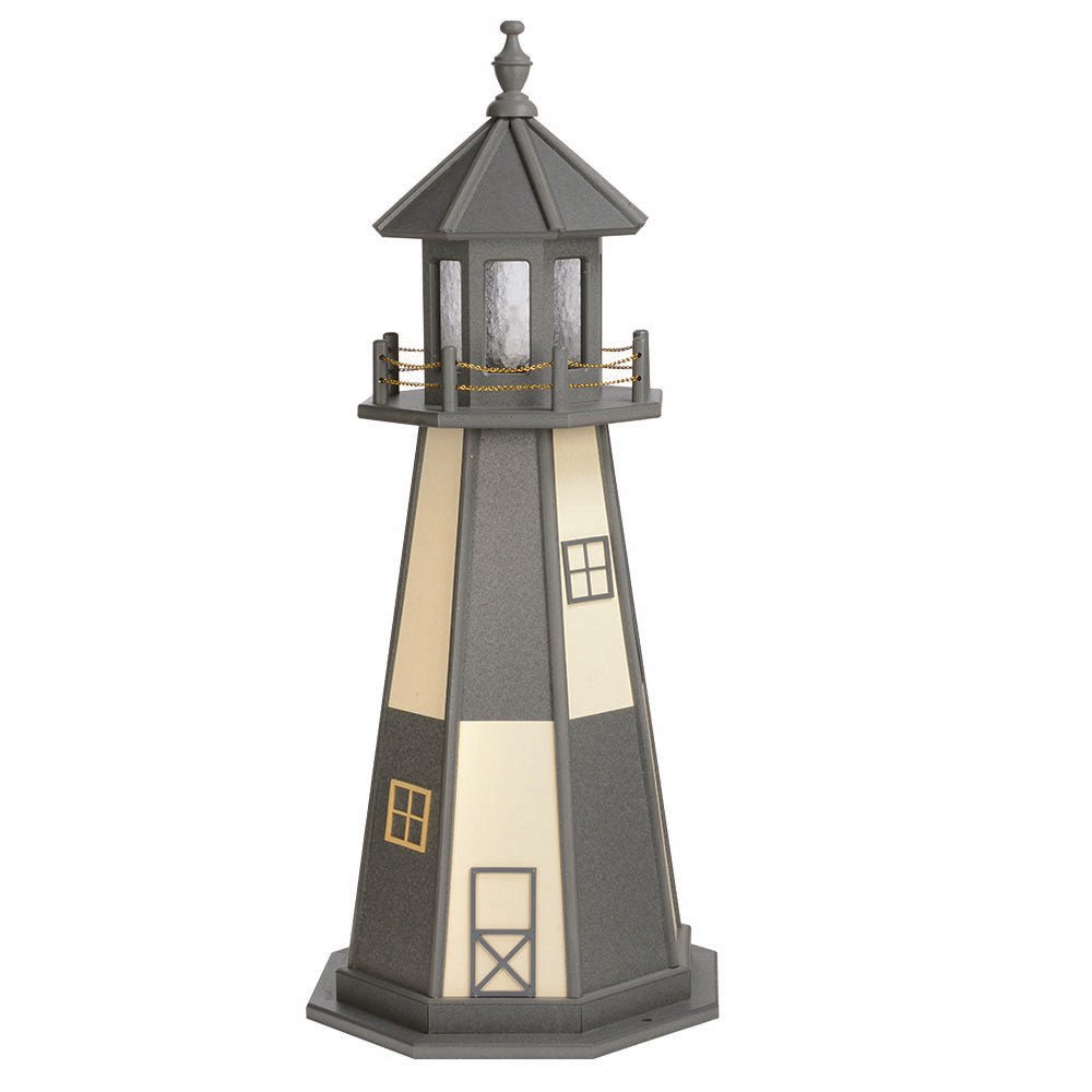 Dark gray wooden lighthouse with ivory panel stripes, window frames and door, and a gray lantern room with chain rail