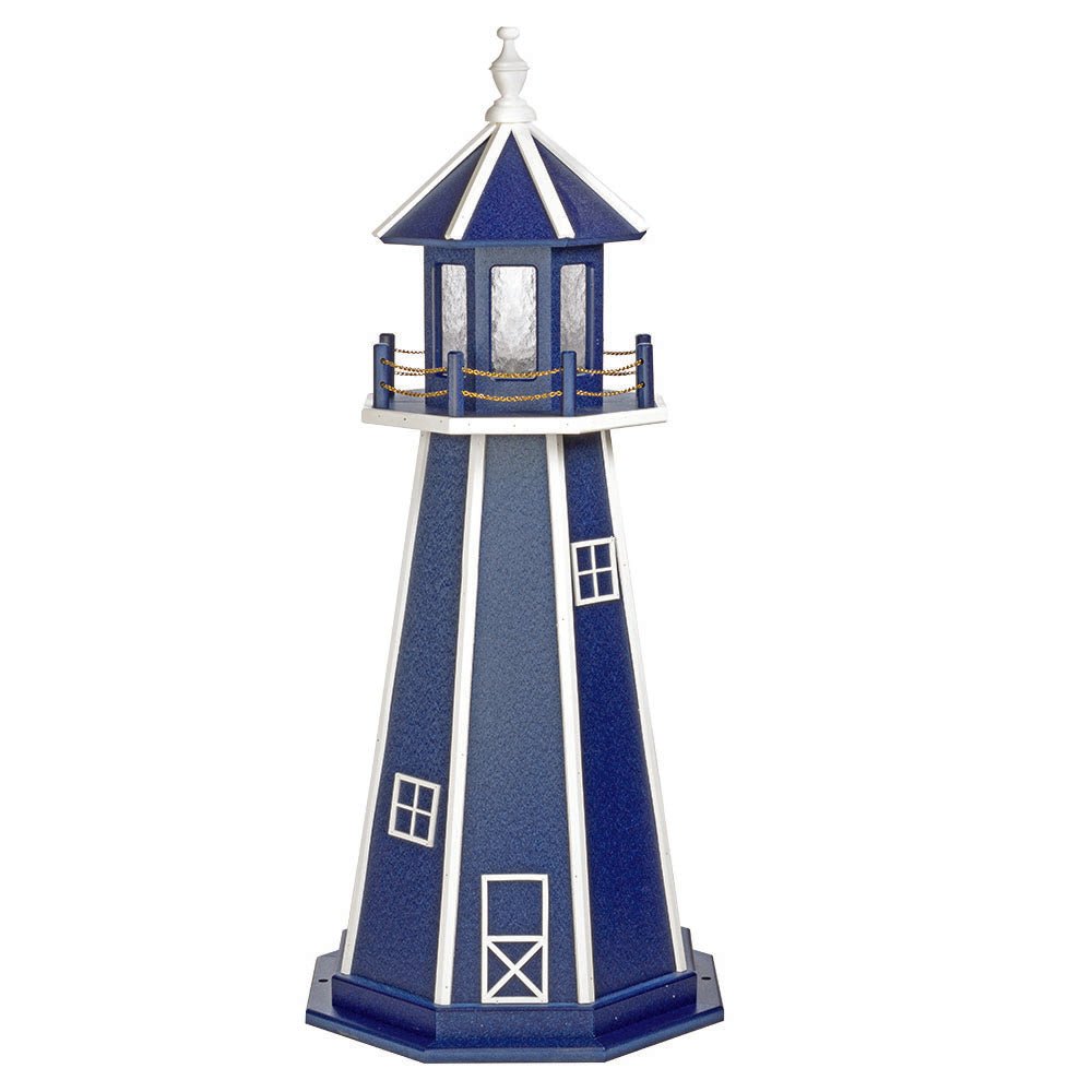Patriot blue lighthouse with white corner stripes, white windows and door, blue lantern room and white railing