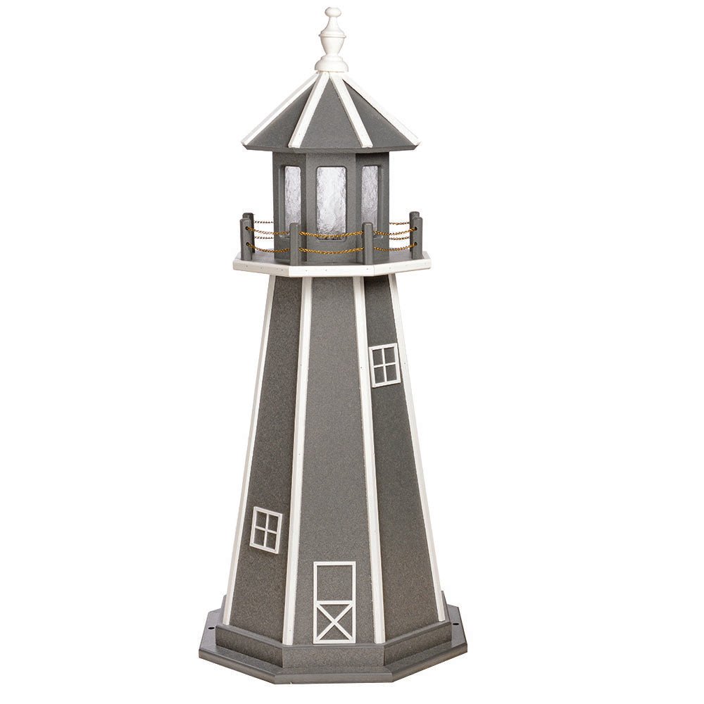 Gray wooden lighthouse with white corner stripes, white window and door frames, gray lantern room and white finial