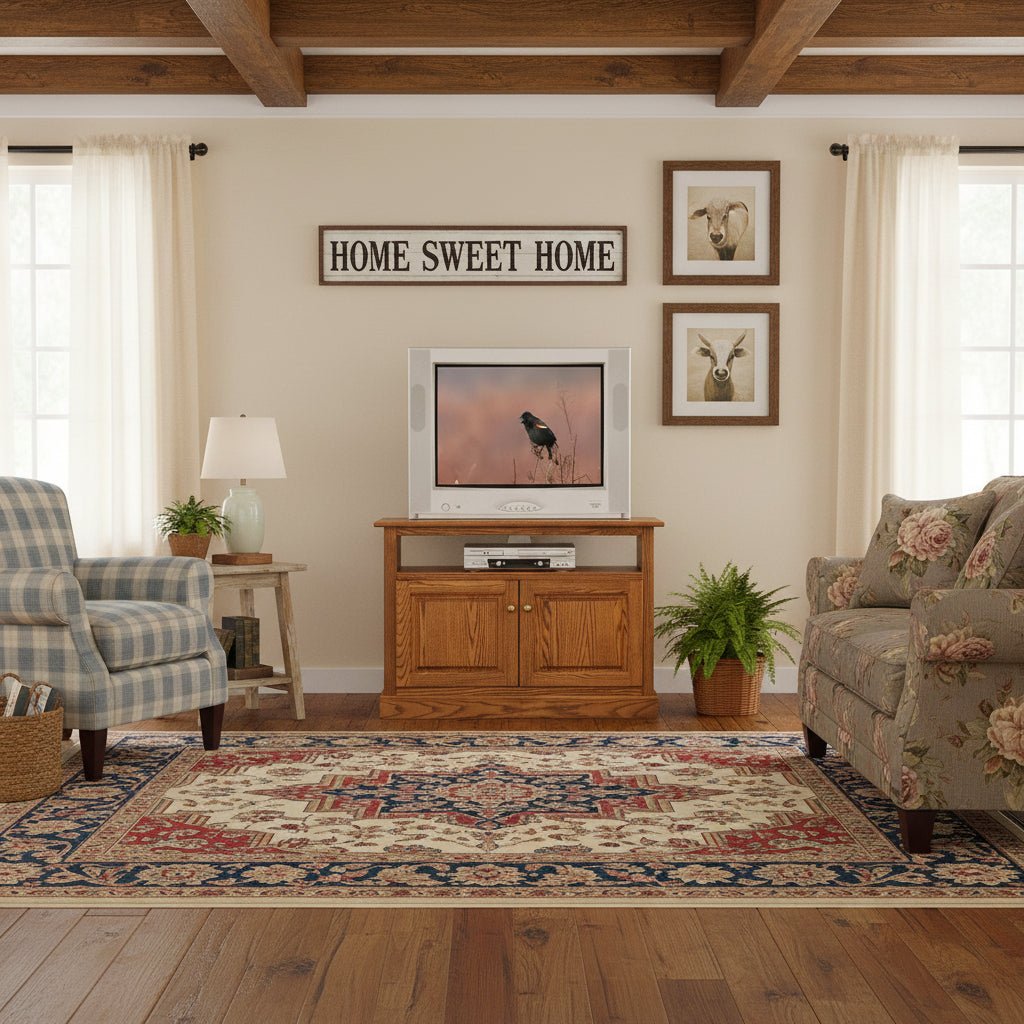Oak TV stand with two raised panel doors and an open center shelf for components, styled under a Home Sweet Home sign