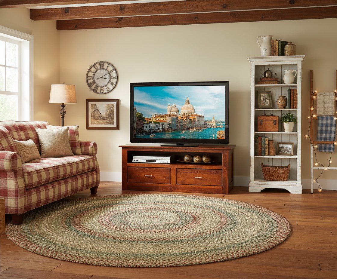 Shaker cherry TV console with two drawers and an open component shelf, on tapered legs in a cozy plaid sofa living room