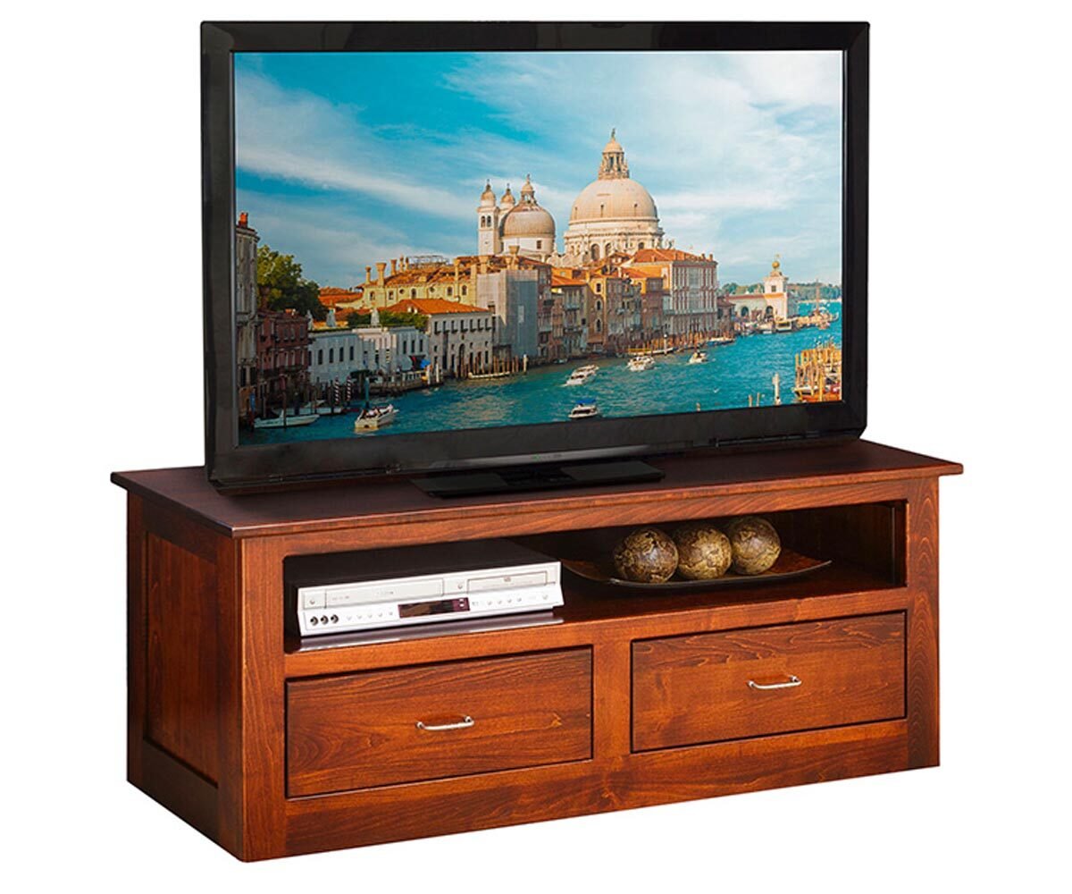 Dark cherry Shaker TV console with two drawers, brushed nickel pulls and an open component shelf, shown on a white background