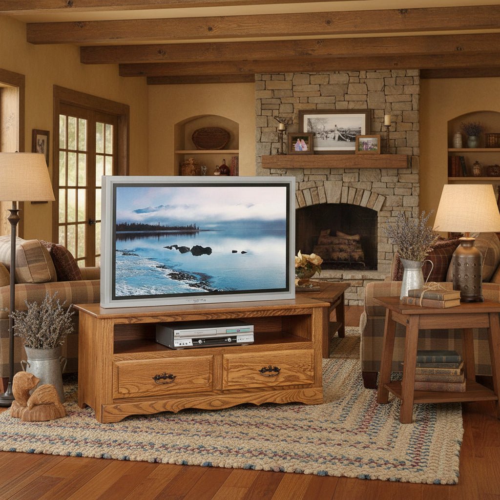 Oak TV console with two drawers, scalloped apron and an open center shelf, styled in a beamed room with a stone fireplace