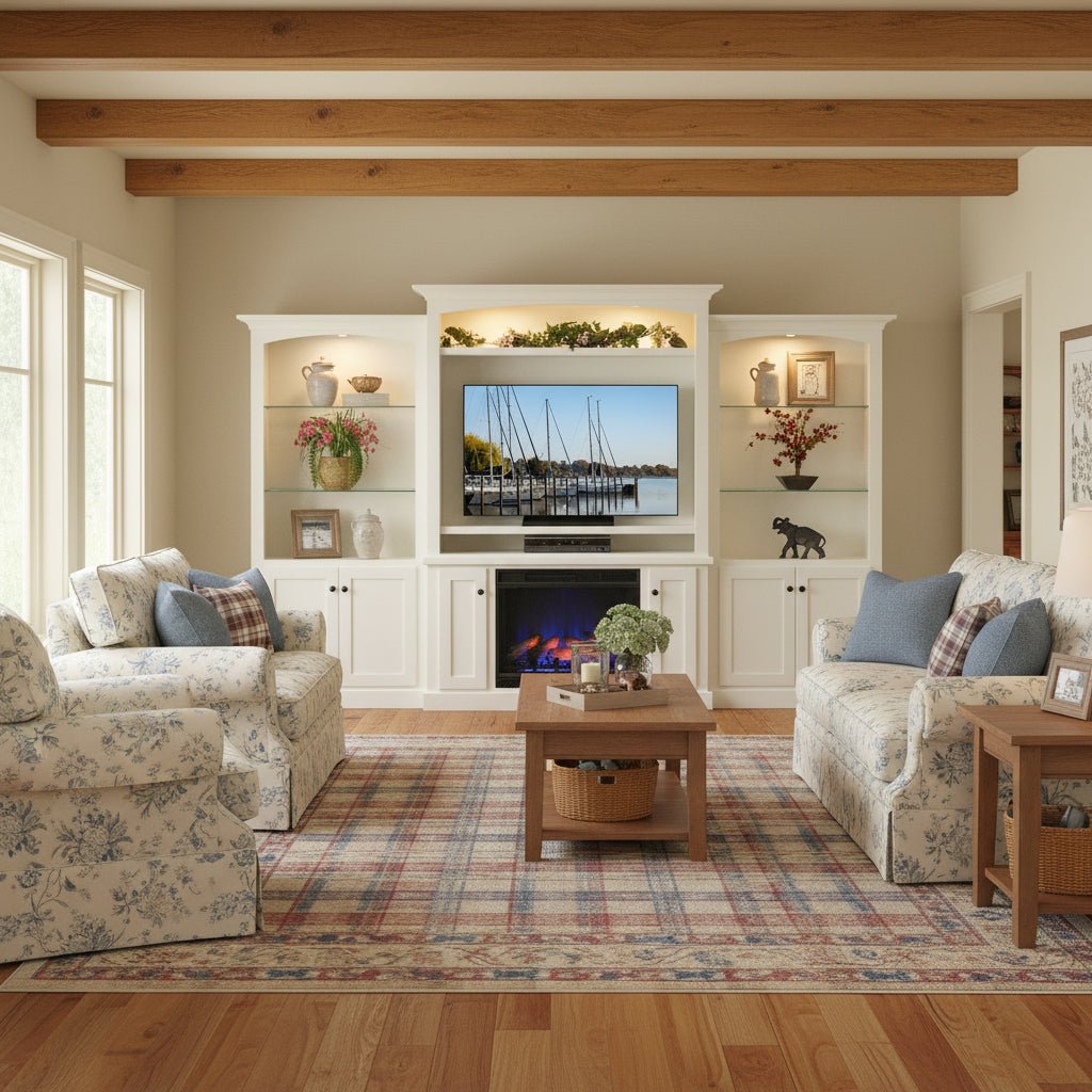 White entertainment center with TV, fireplace, and decorative items on a white background