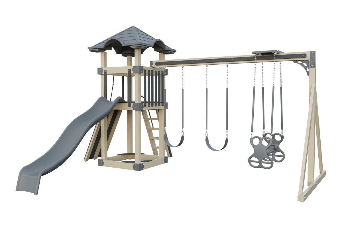 Amish 4x4 Boulder Vinyl Playset & Swing Set Kit – Layout 3, Almond with Gray accents