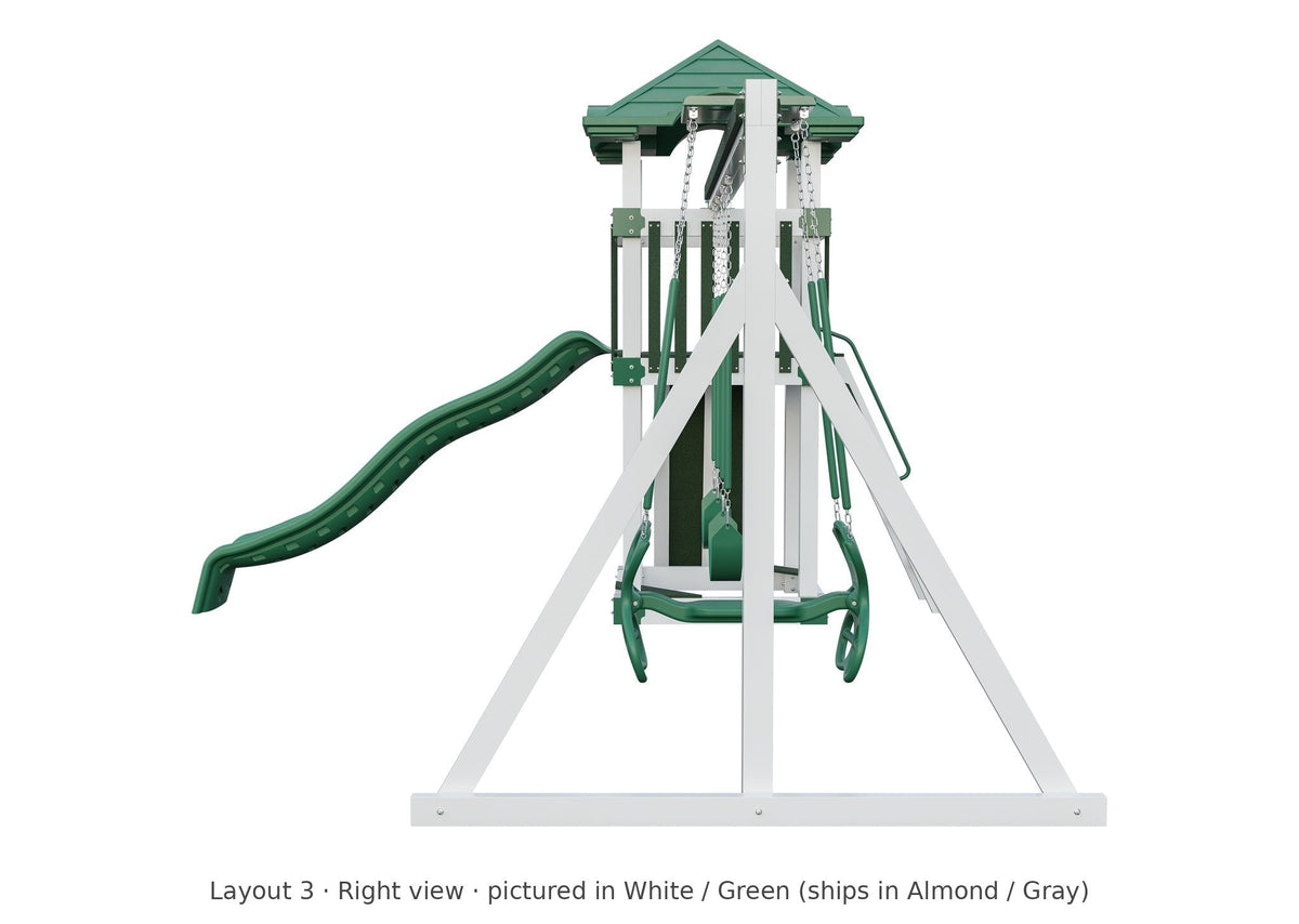 Amish 4x4 Boulder Vinyl Playset & Swing Set Kit – Layout 3, right view (shown in White with Green accents)