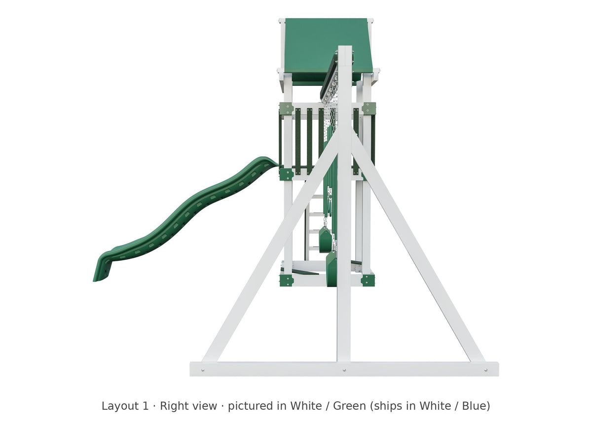 Amish 4x4 Boulder Vinyl Playset & Swing Set Kit – Layout 1, right view (shown in White with Green accents)