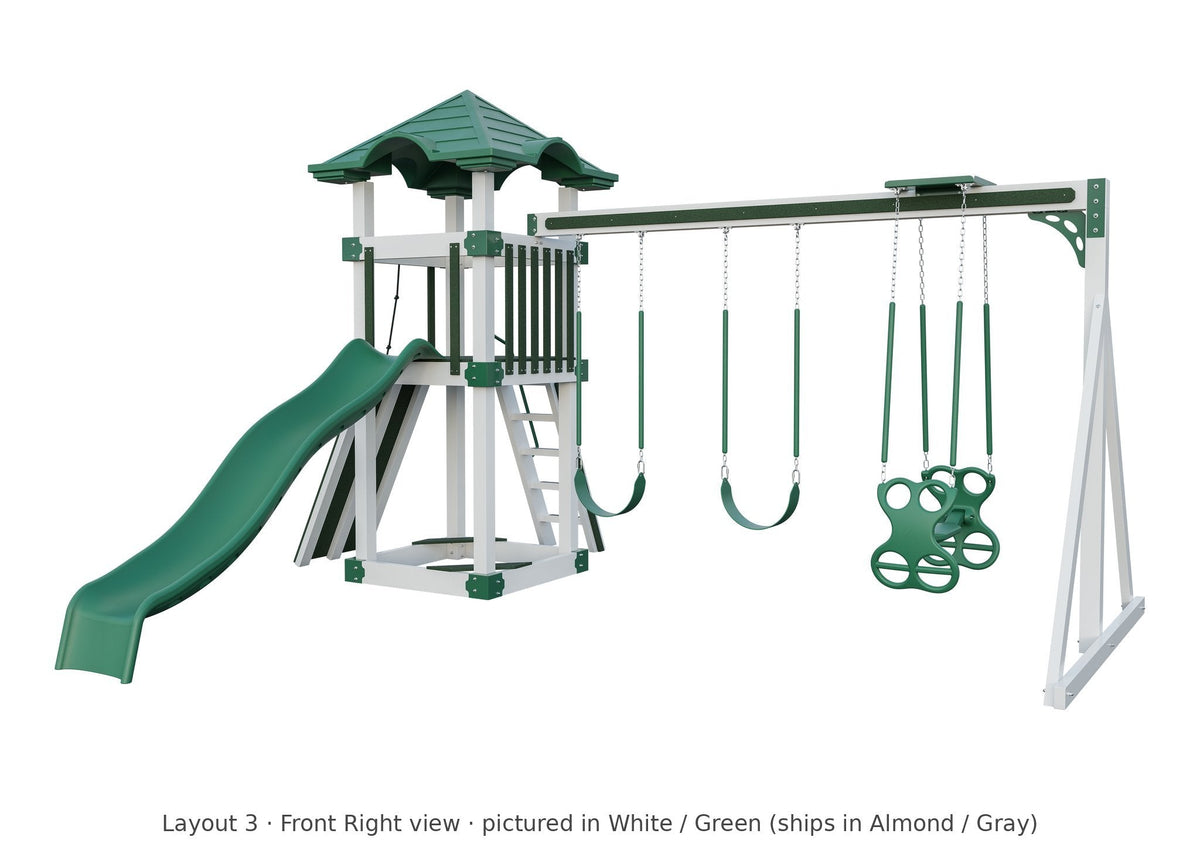 Amish 4x4 Boulder Vinyl Playset & Swing Set Kit – Layout 3, front right view (shown in White with Green accents)