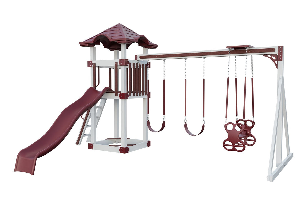 Amish 4x4 Boulder Vinyl Playset & Swing Set Kit – Layout 2, White with Red accents