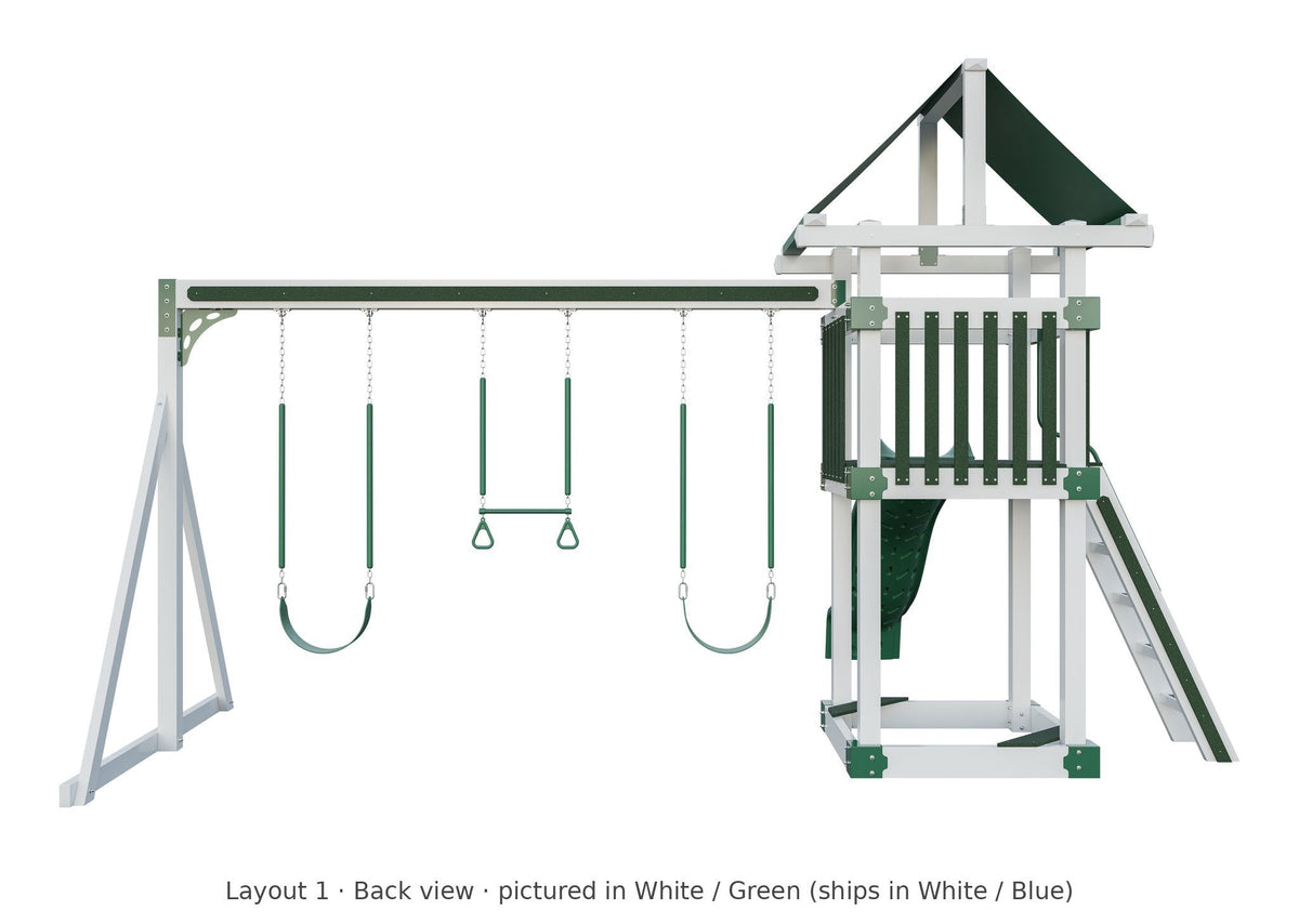 Amish 4x4 Boulder Vinyl Playset & Swing Set Kit – Layout 1, back view (shown in White with Green accents)