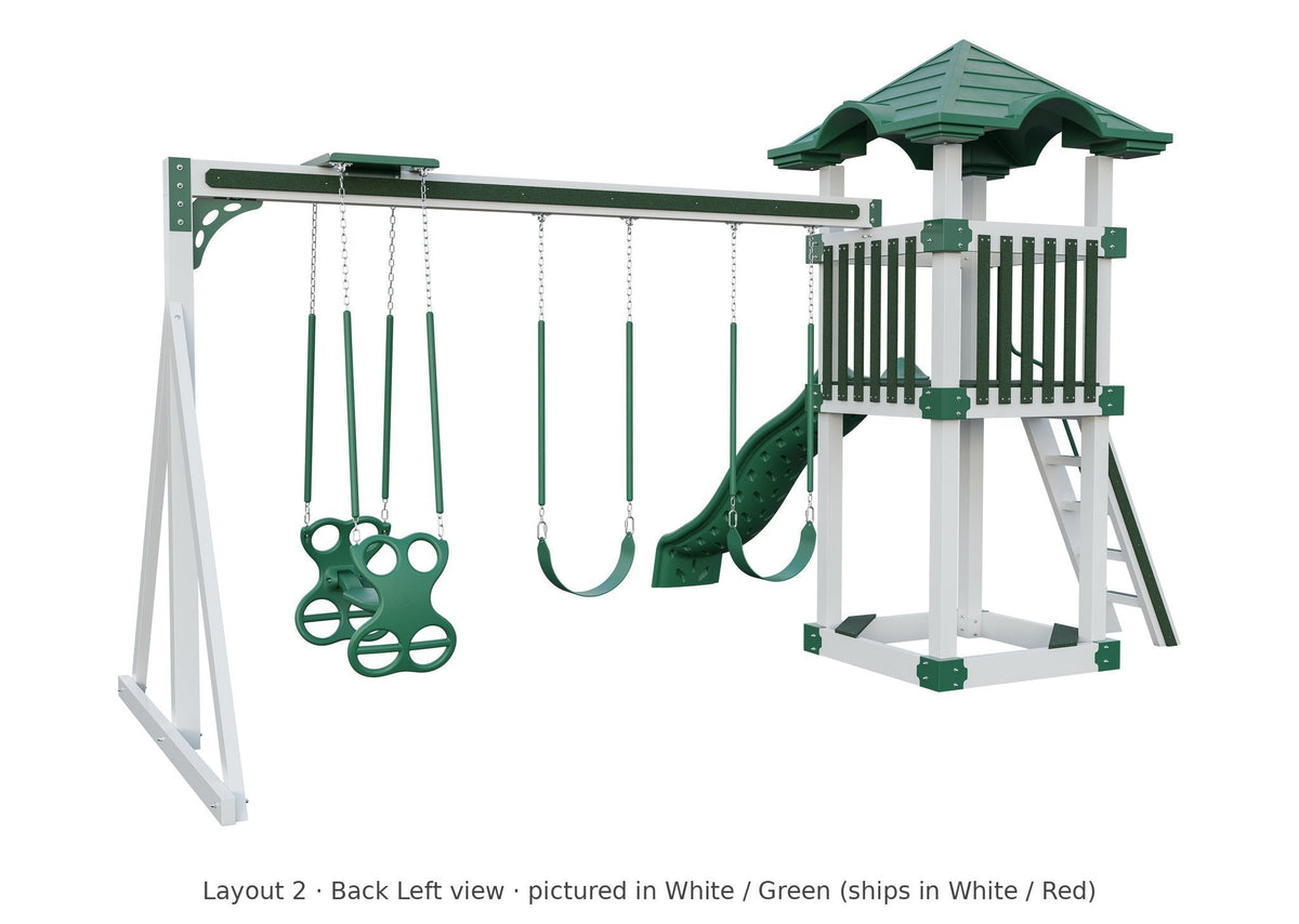 Amish 4x4 Boulder Vinyl Playset & Swing Set Kit – Layout 2, back left view (shown in White with Green accents)