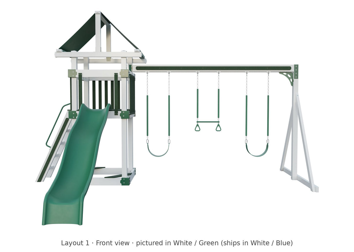 Amish 4x4 Boulder Vinyl Playset & Swing Set Kit – Layout 1, front view (shown in White with Green accents)