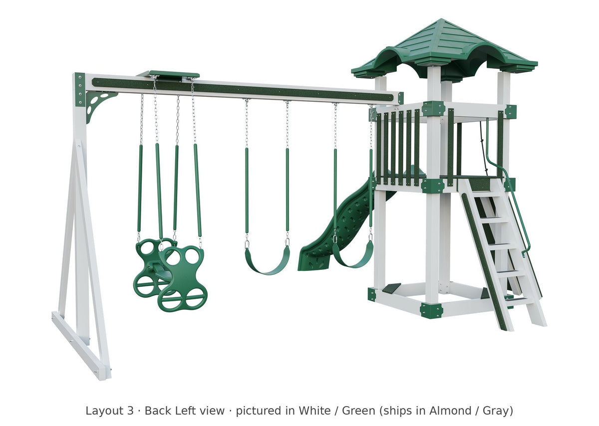 Amish 4x4 Boulder Vinyl Playset & Swing Set Kit – Layout 3, back left view (shown in White with Green accents)