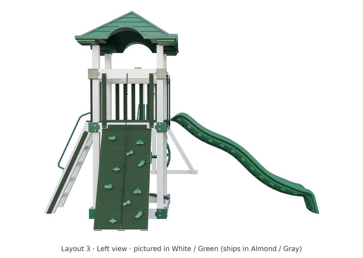 Amish 4x4 Boulder Vinyl Playset & Swing Set Kit – Layout 3, left view (shown in White with Green accents)