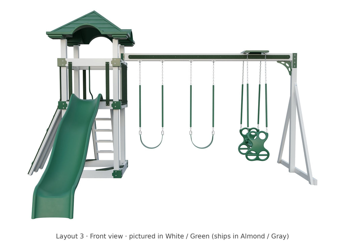 Amish 4x4 Boulder Vinyl Playset & Swing Set Kit – Layout 3, front view (shown in White with Green accents)
