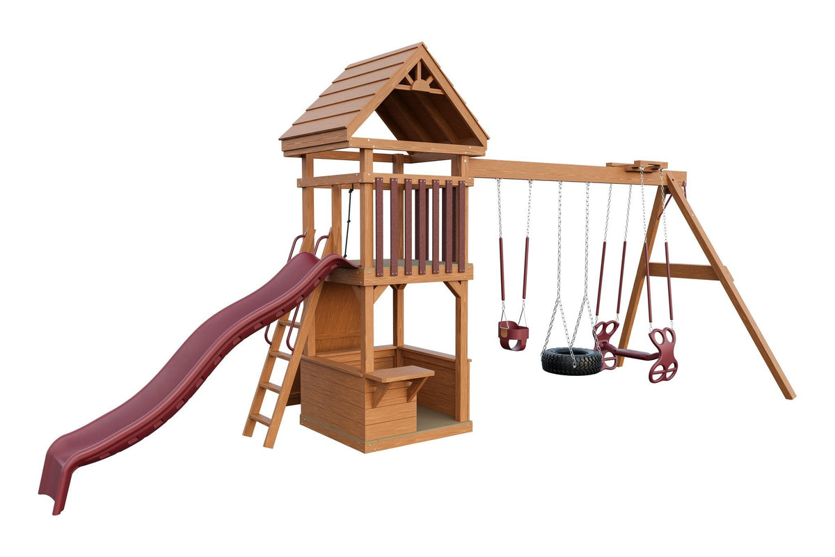 Amish 4x4 Challenger Wooden Swing Set & Playset Kit – Layout 3, Canyon Brown with Red accents