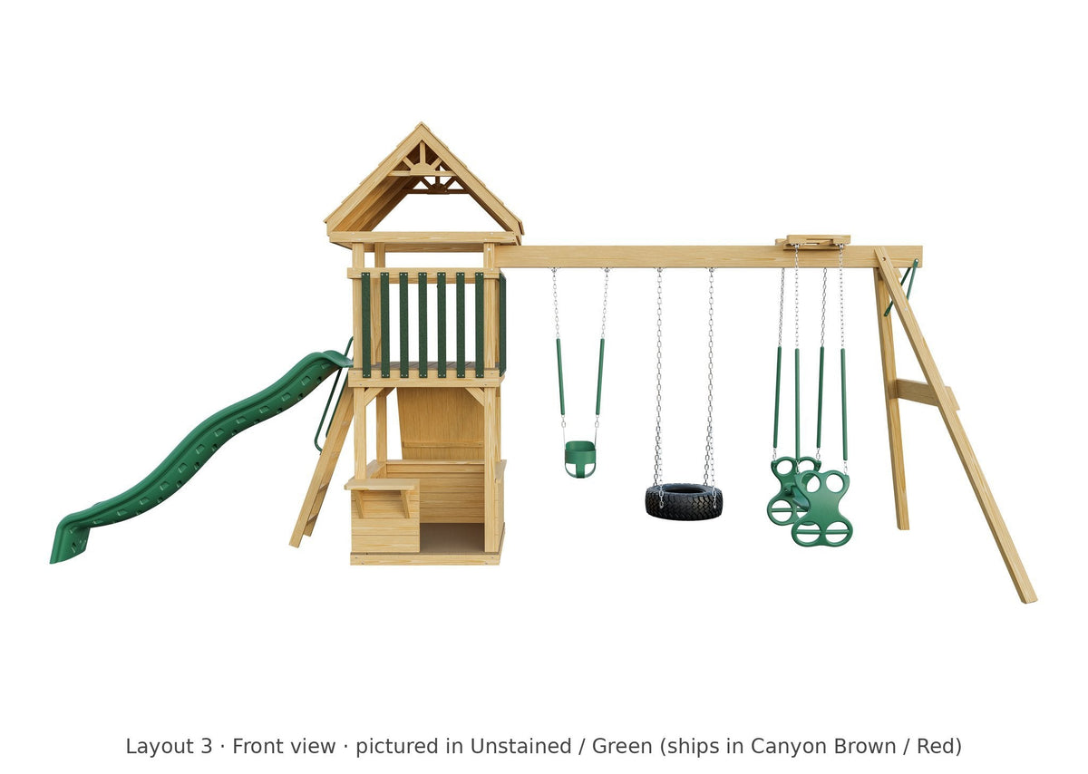 Amish 4x4 Challenger Wooden Swing Set & Playset Kit – Layout 3, front view (shown in Unstained with Green accents)