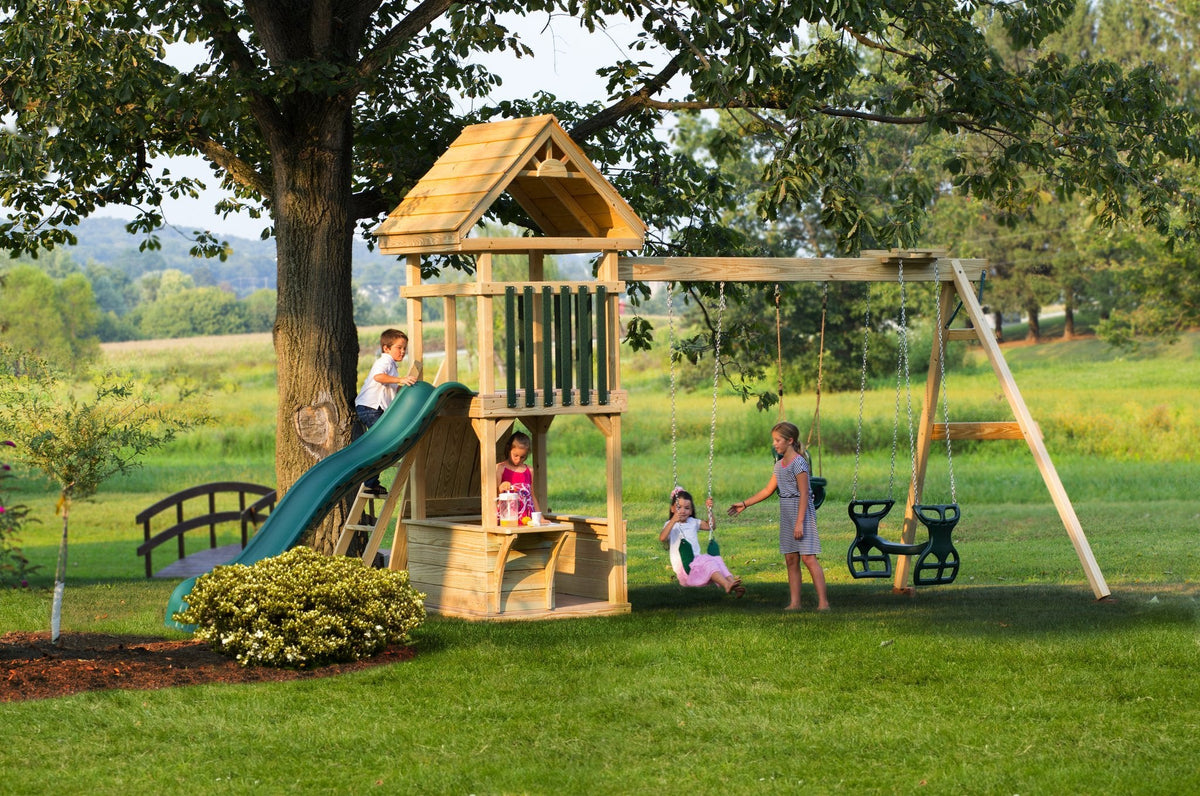 4x4 Challenger Wooden Swing Set & Playset Kit – real-world photo (configuration and colors may differ from the layouts offered)