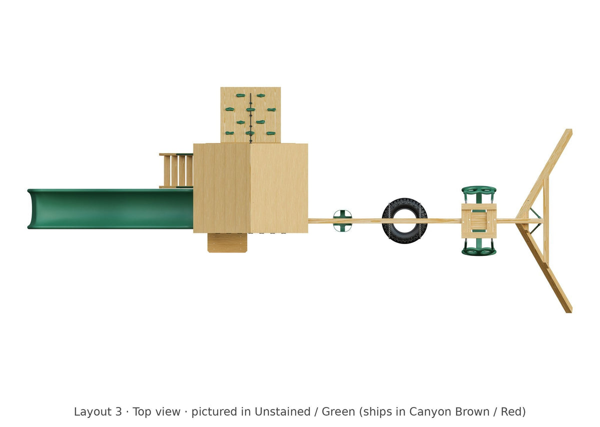 Amish 4x4 Challenger Wooden Swing Set & Playset Kit – Layout 3, top view (shown in Unstained with Green accents)
