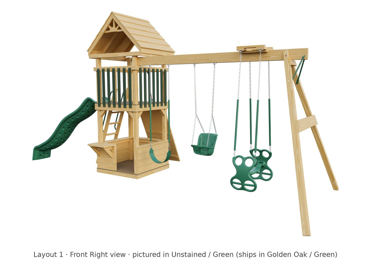 Amish 4x4 Challenger Wooden Swing Set & Playset Kit – Layout 1, front right view (shown in Unstained with Green accents)