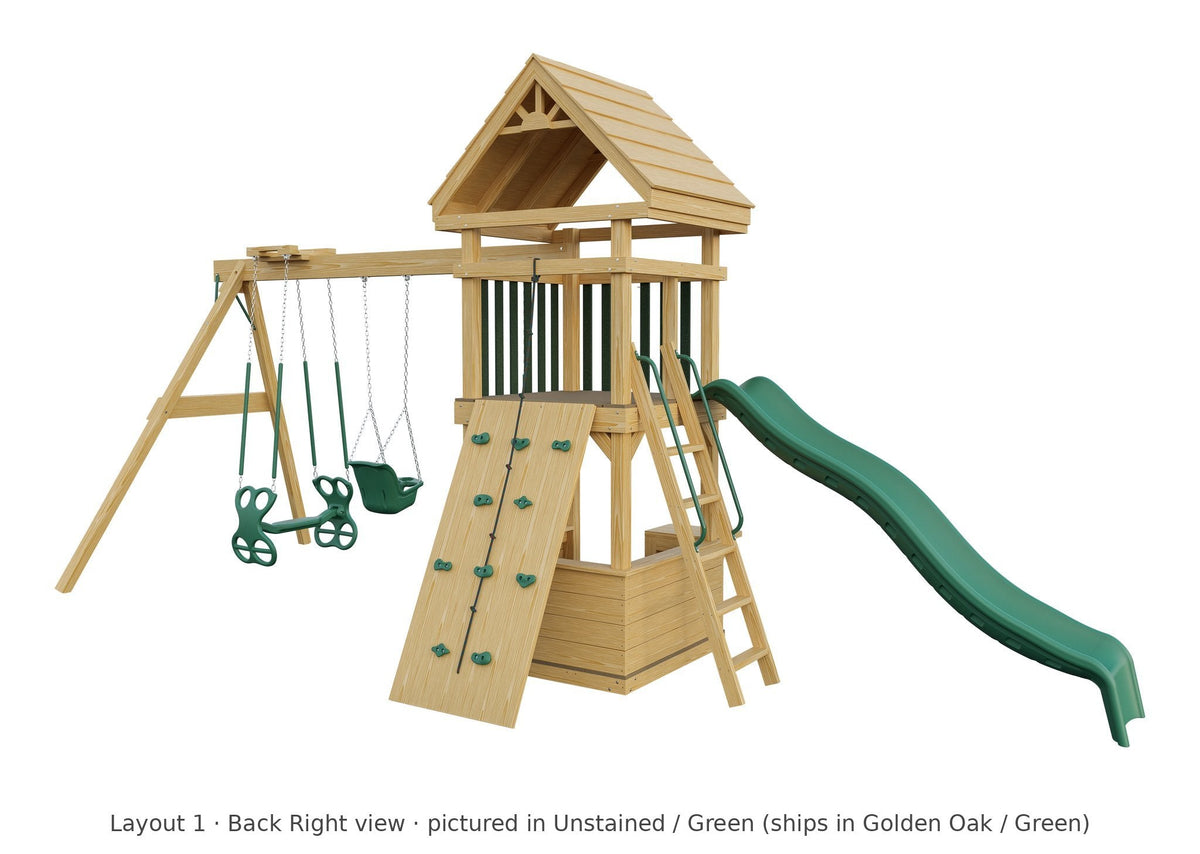 Amish 4x4 Challenger Wooden Swing Set & Playset Kit – Layout 1, back right view (shown in Unstained with Green accents)