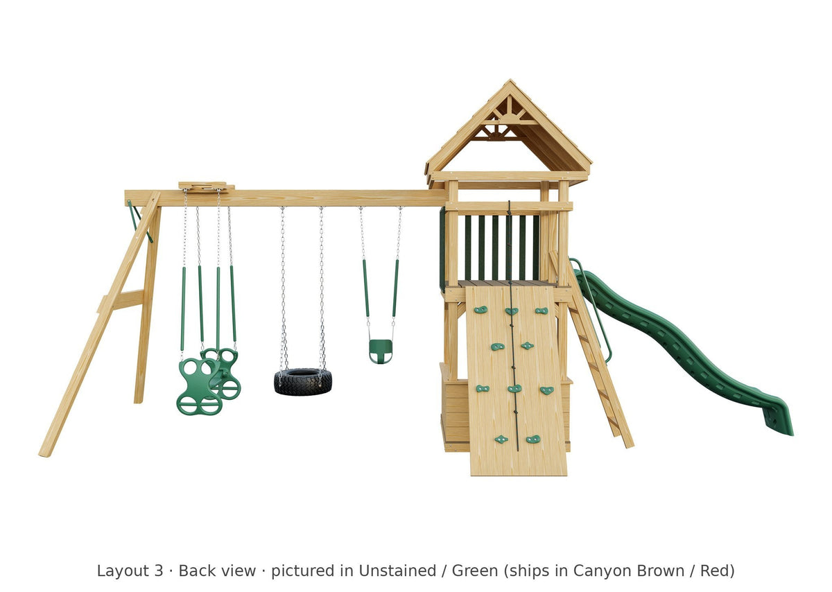 Amish 4x4 Challenger Wooden Swing Set & Playset Kit – Layout 3, back view (shown in Unstained with Green accents)