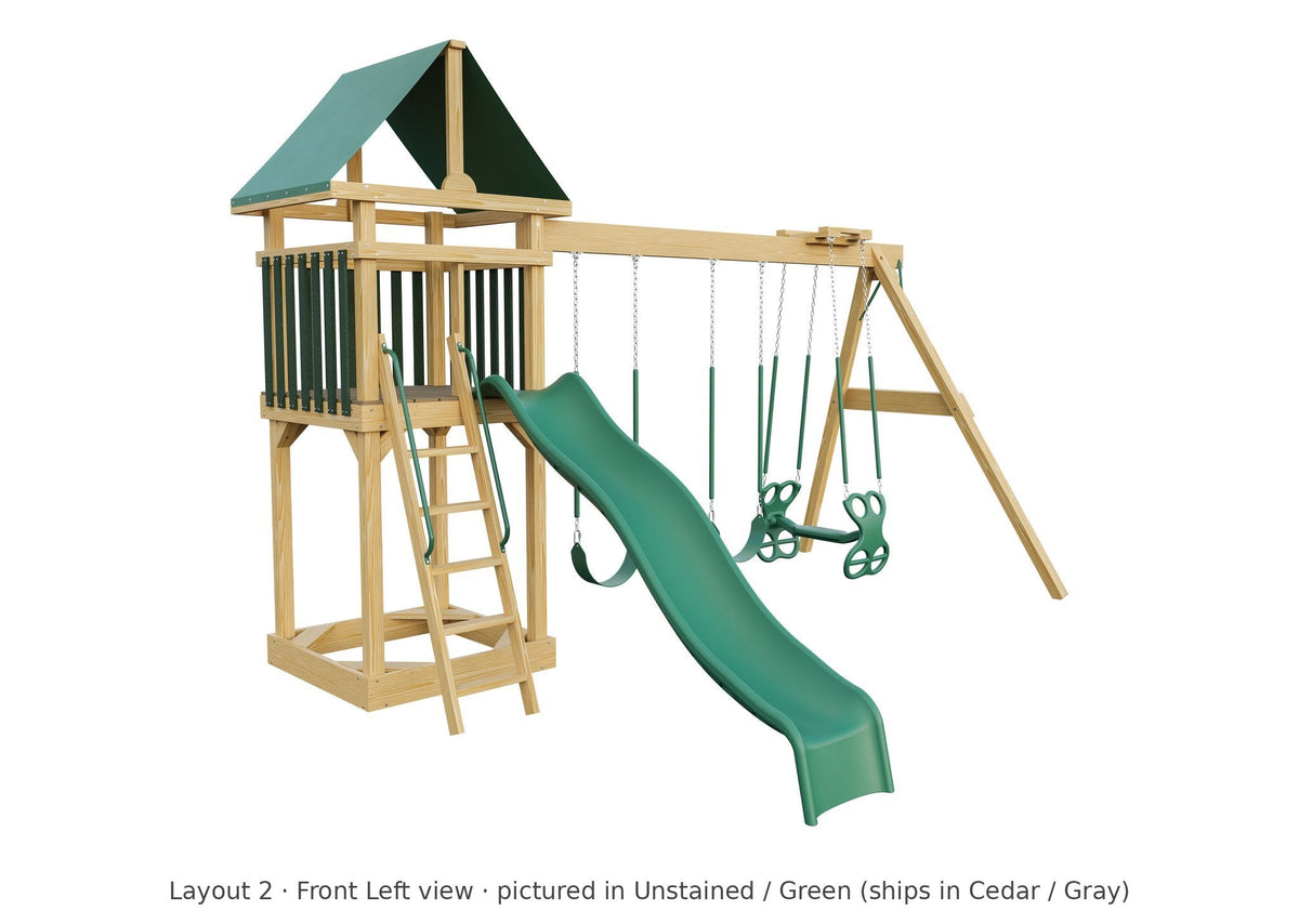 Amish 4x4 Challenger Wooden Swing Set & Playset Kit – Layout 2, front left view (shown in Unstained with Green accents)