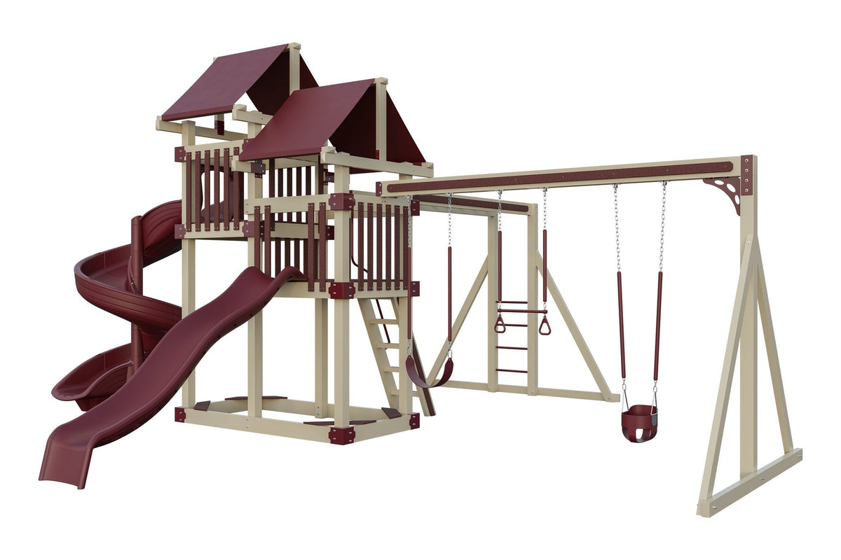 Amish 4x8 Denali Vinyl Playset & Swing Set Kit – Layout 3, Almond with Red accents