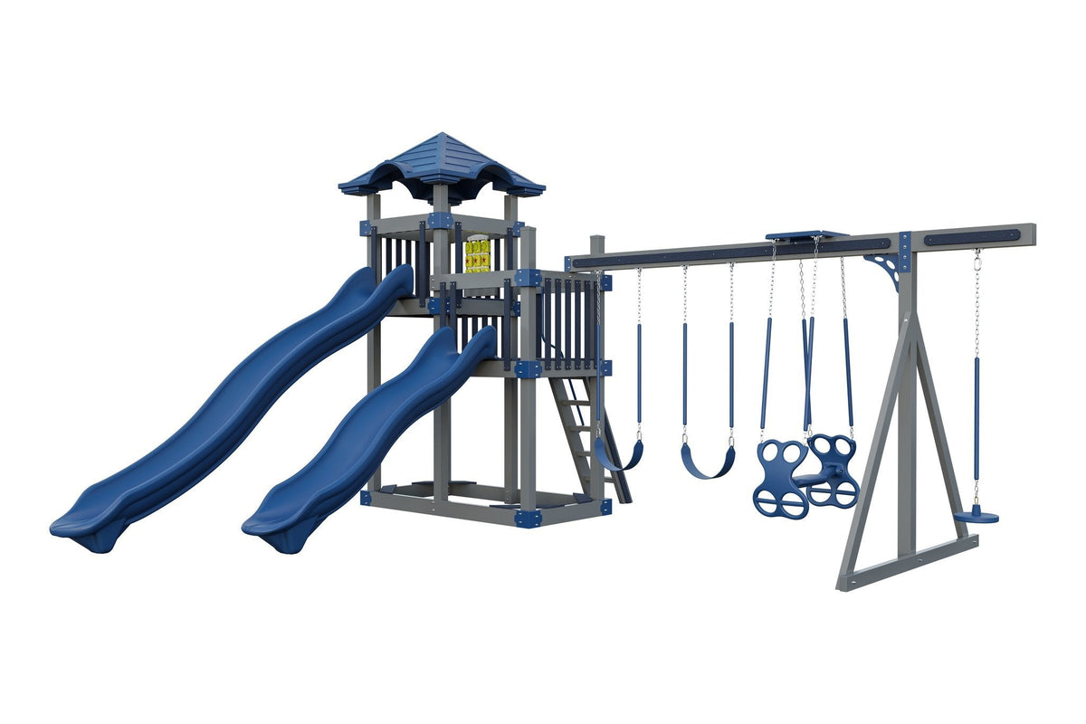 Amish 4x8 Denali Vinyl Playset & Swing Set Kit – Layout 2, Slate Gray with Blue accents