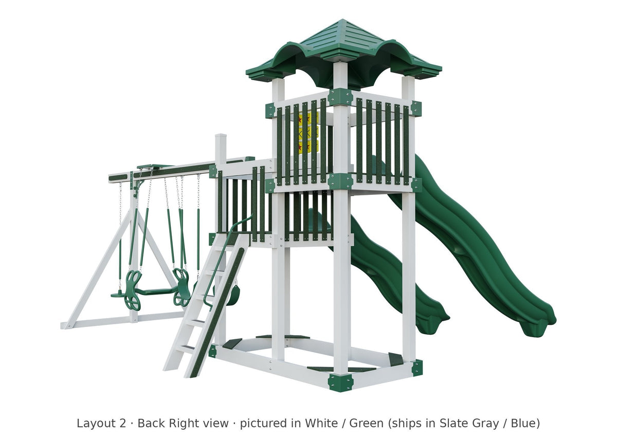 Amish 4x8 Denali Vinyl Playset & Swing Set Kit – Layout 2, back right view (shown in White with Green accents)