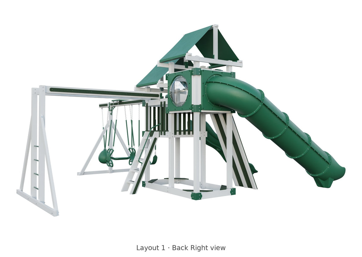 Amish 4x8 Denali Vinyl Playset & Swing Set Kit – Layout 1, back right view