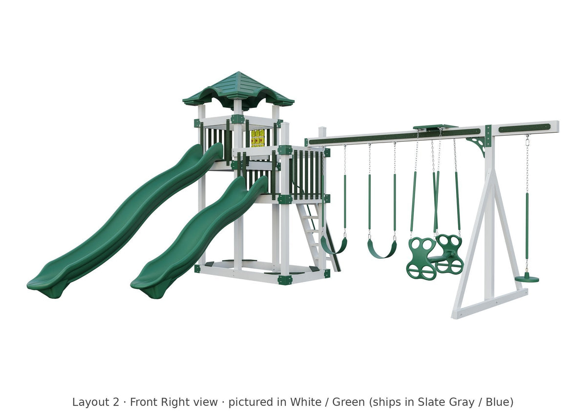 Amish 4x8 Denali Vinyl Playset & Swing Set Kit – Layout 2, front right view (shown in White with Green accents)