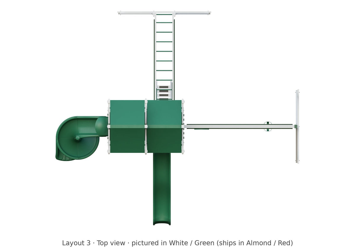 Amish 4x8 Denali Vinyl Playset & Swing Set Kit – Layout 3, top view (shown in White with Green accents)