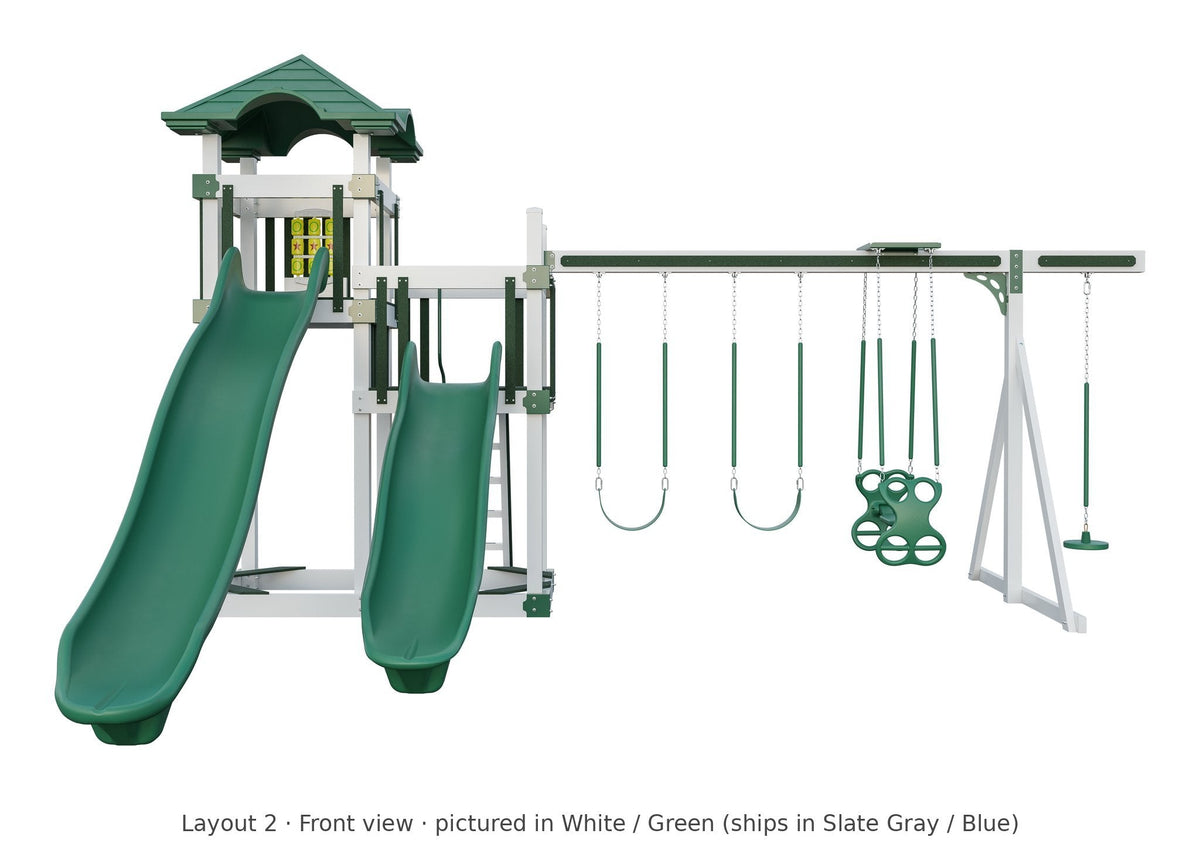 Amish 4x8 Denali Vinyl Playset & Swing Set Kit – Layout 2, front view (shown in White with Green accents)