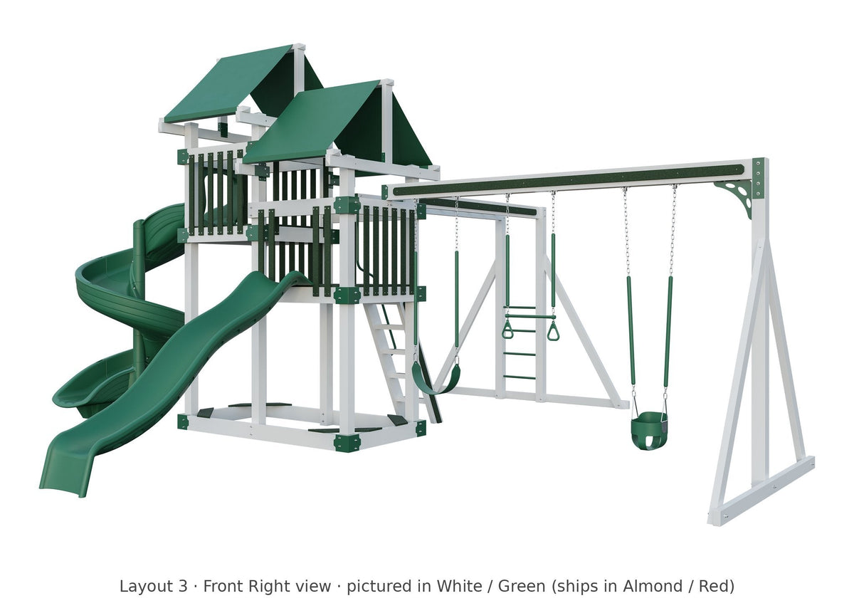 Amish 4x8 Denali Vinyl Playset & Swing Set Kit – Layout 3, front right view (shown in White with Green accents)